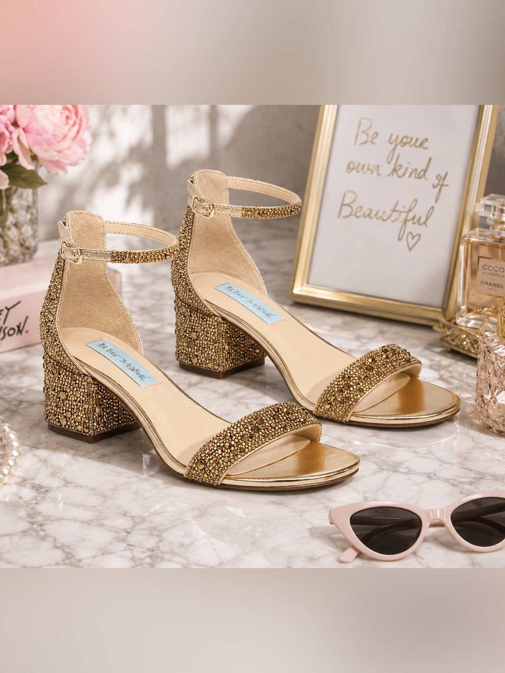 Blue by Betsey Johnson Mari Gold Rhinestone Block Heel Sandals Size 10W